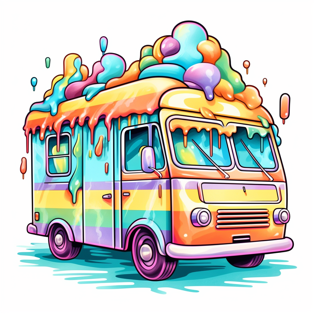 Isolated clipart of an ice cream truck thats rainbow colored in the style of light orange and dark aquamarine digital airbrushing tim holtz iso majismo melting pots soft colors