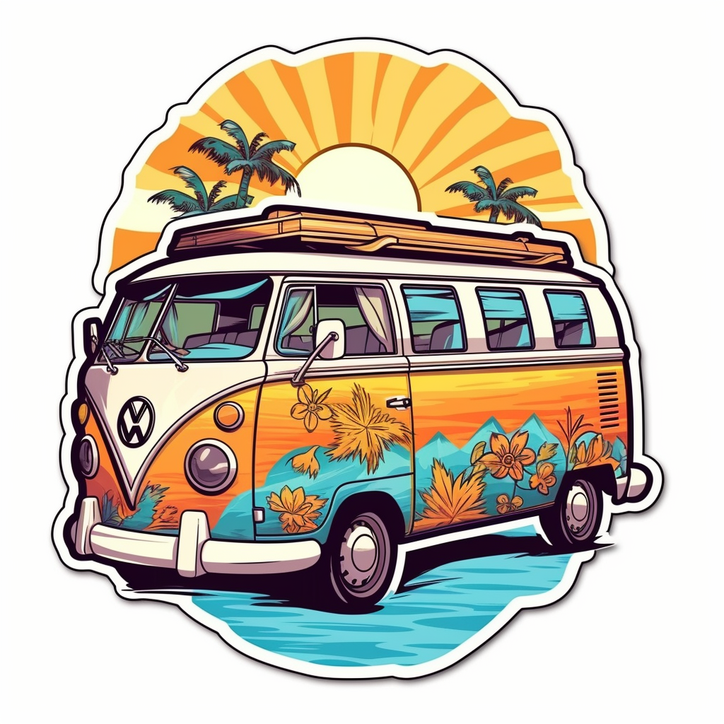 Cute beautiful hippie van in beach sublimation clipart cartoon hyper realistic intricate detail illustration style high solution on the white background sticker