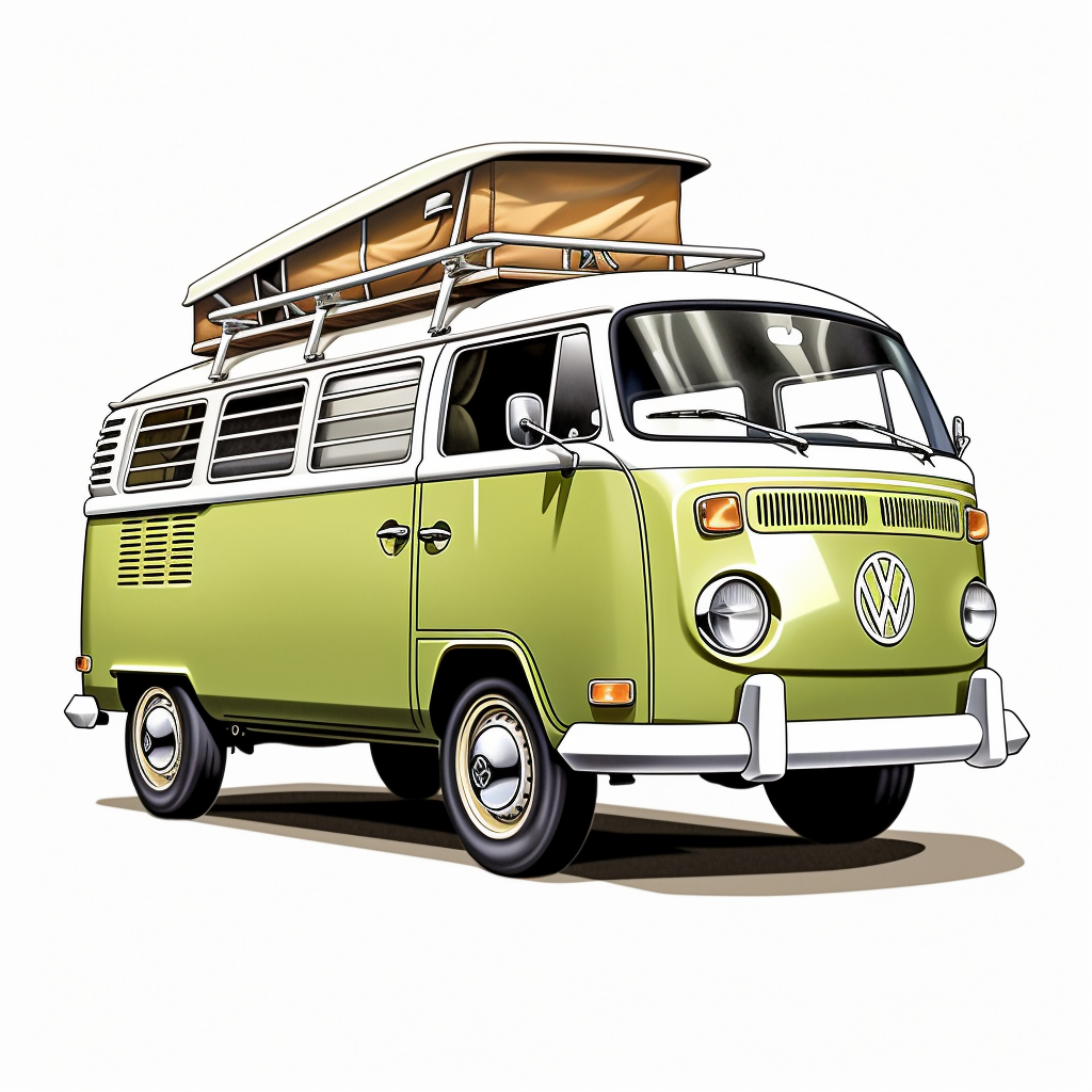 In clipart style a meticulously crafted illustration of a green volkswagen westfalia camper with a