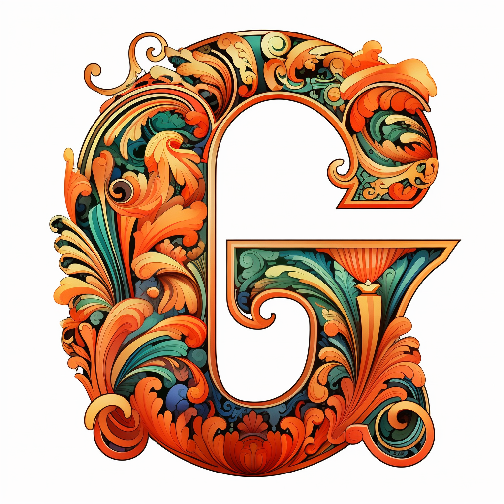 You are creating letter g in art nouveau illuminated initial style with clean lines and without shadows to be used as a clipart in white background