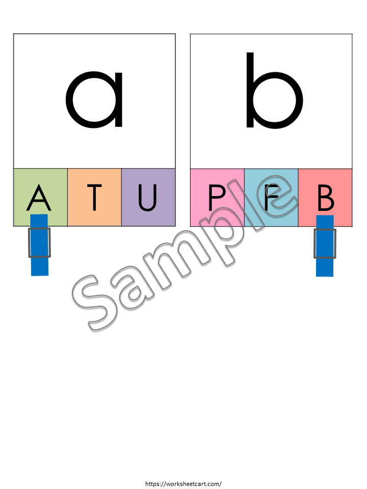 Printable lowercase to uppercase alphabet flashcard clip card for recognition and clip activity by preschool and kindergarten