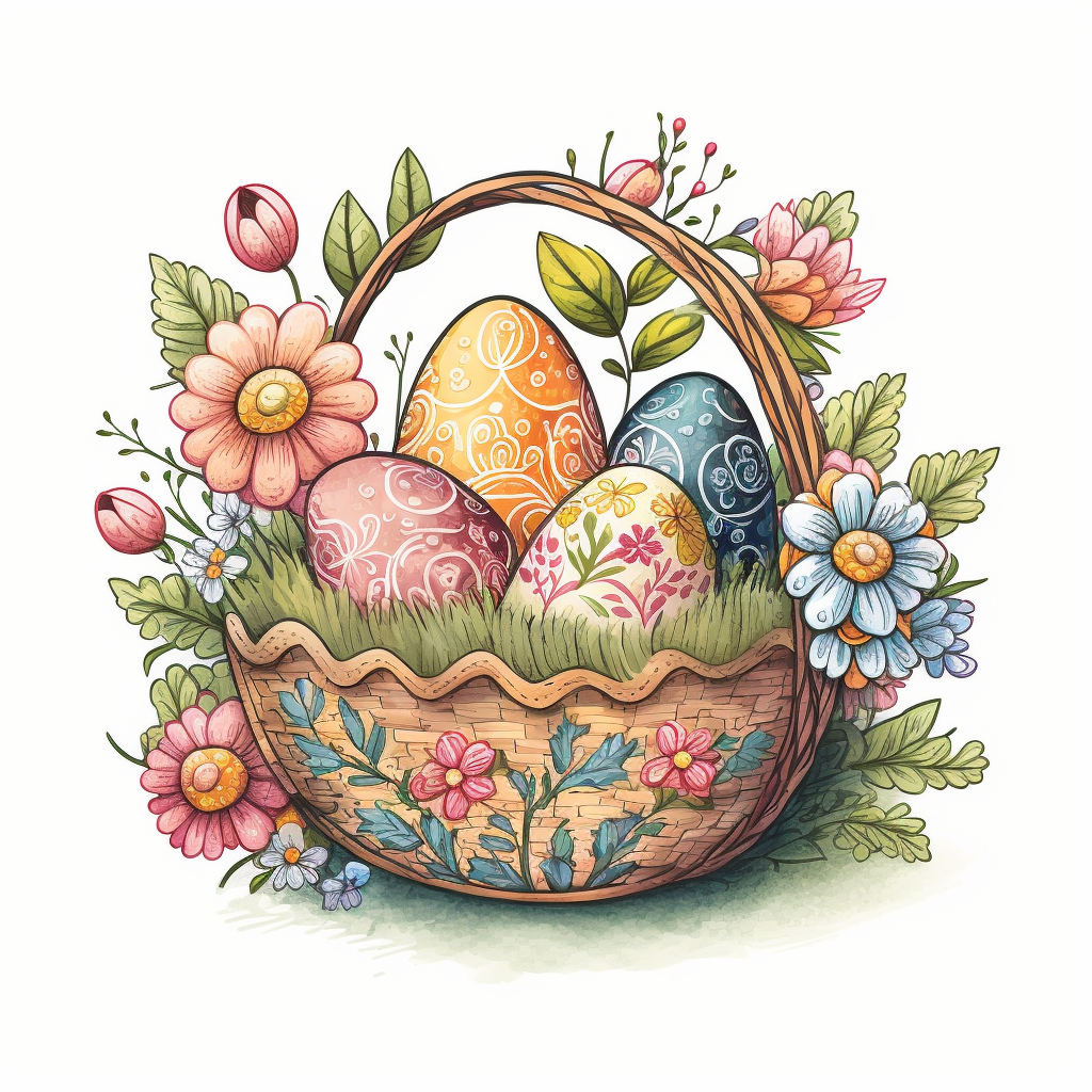 Httpsfunny drawn sketch easter eggs with romanian traditional pattern in a a basket with flowers on