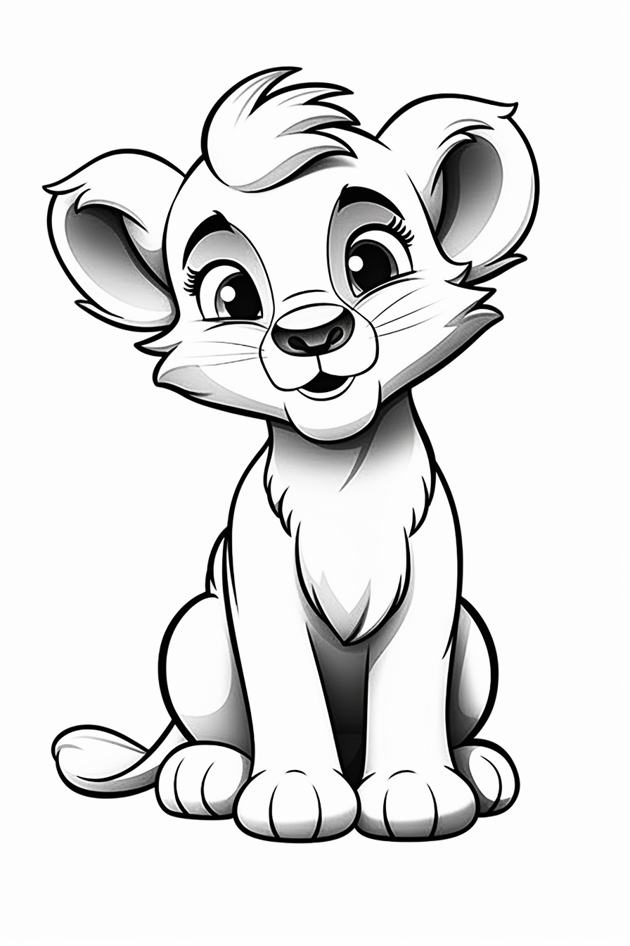 Pixar baby lion clipart simple line art monocromatic isolated on white background color image full body stroke line art for toddler coloring k