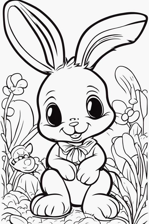 A cute childrens coloring book page of a cute bunny holding a basket of easter eggs in a flower garden crisp lines