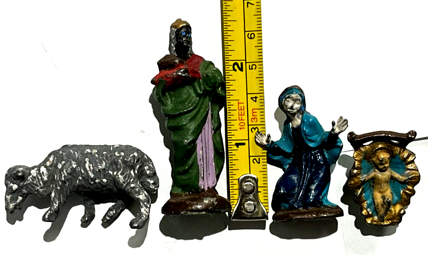 Tiny miniature metal christmas nativity set of vintage figures