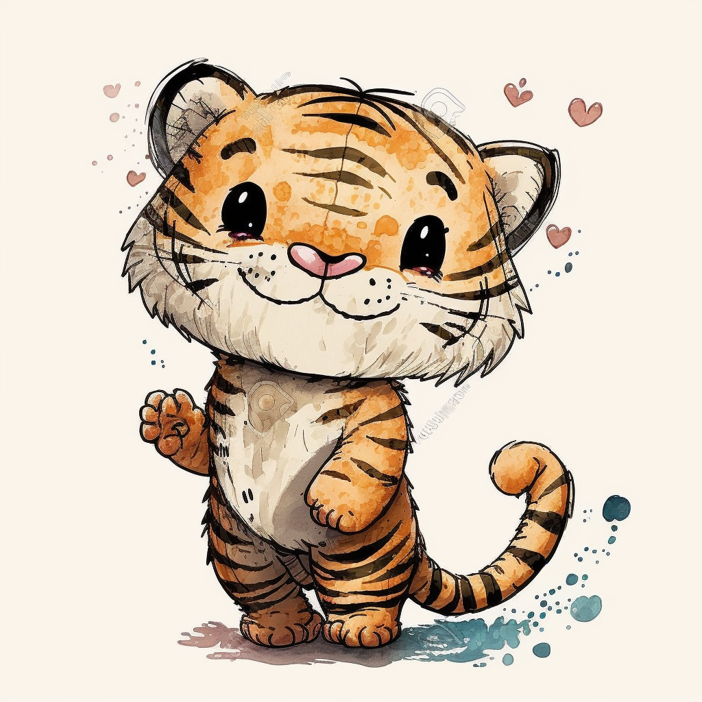 Watercolor lineart happy friendly cute kawaii adorable chibi tiger pixar style studio ghibli anime cartoon character design intricate details realistic colors clipart isolated on white background