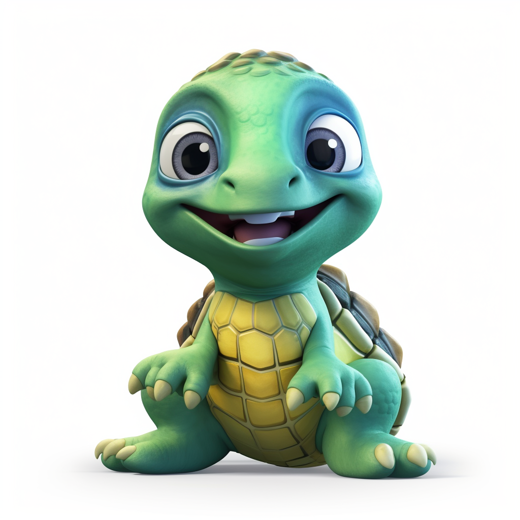 Pixar style cute baby turtle clipart on white background smiling full body