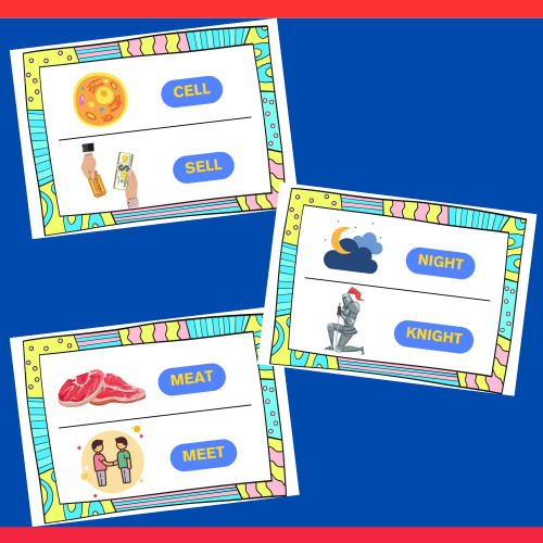 Homophone flashcards for building vocabulary understandingwith google slides made by teachers