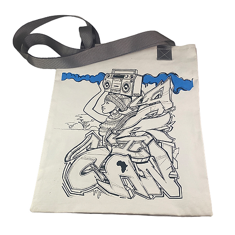 African graffiti recycled canvas tote bag with grey straps uit afrika