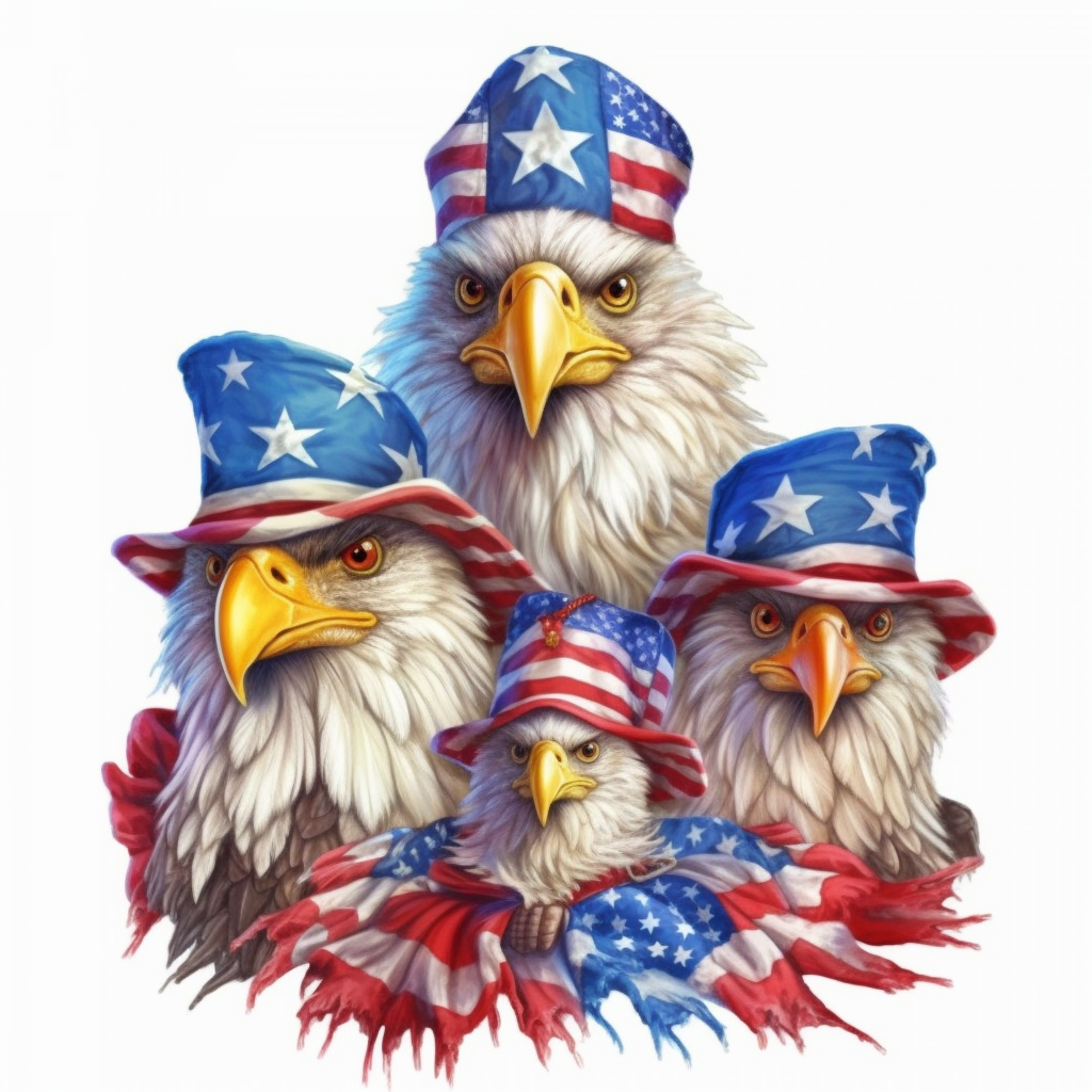 Digital clipart solid white background a realistic family of bald patriotic eagle wearing th july apparel