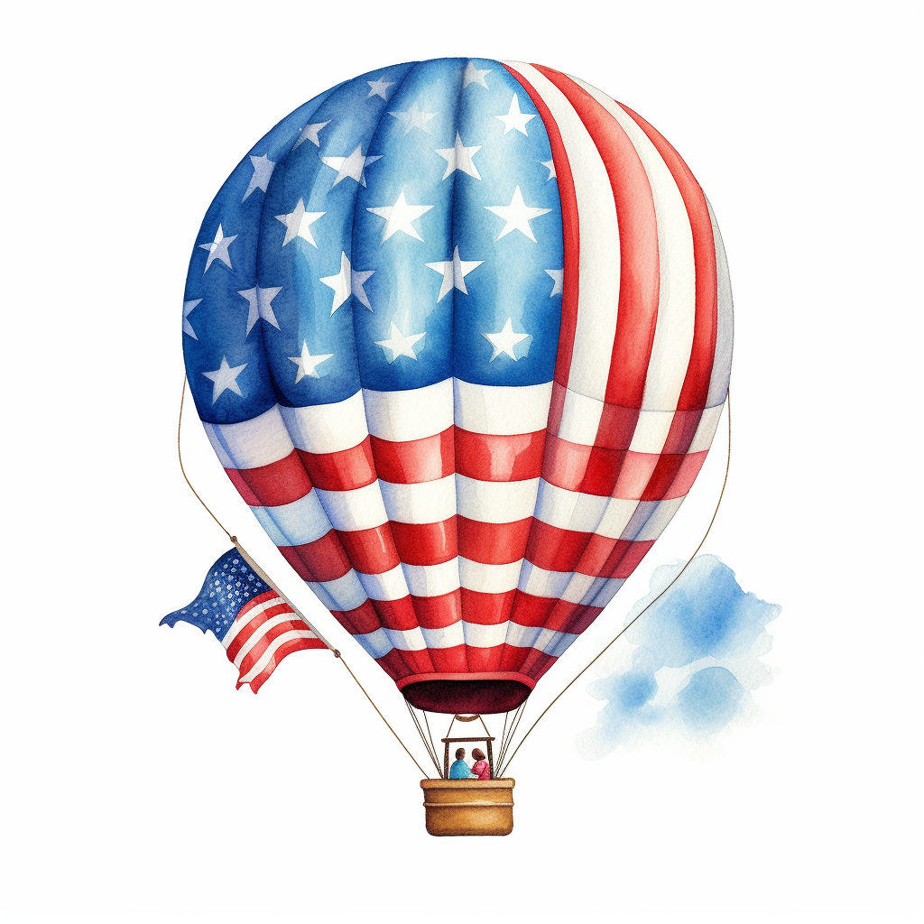 Envision a whimsical clipart displaying a hot air balloon floating in a blue sky adorned with