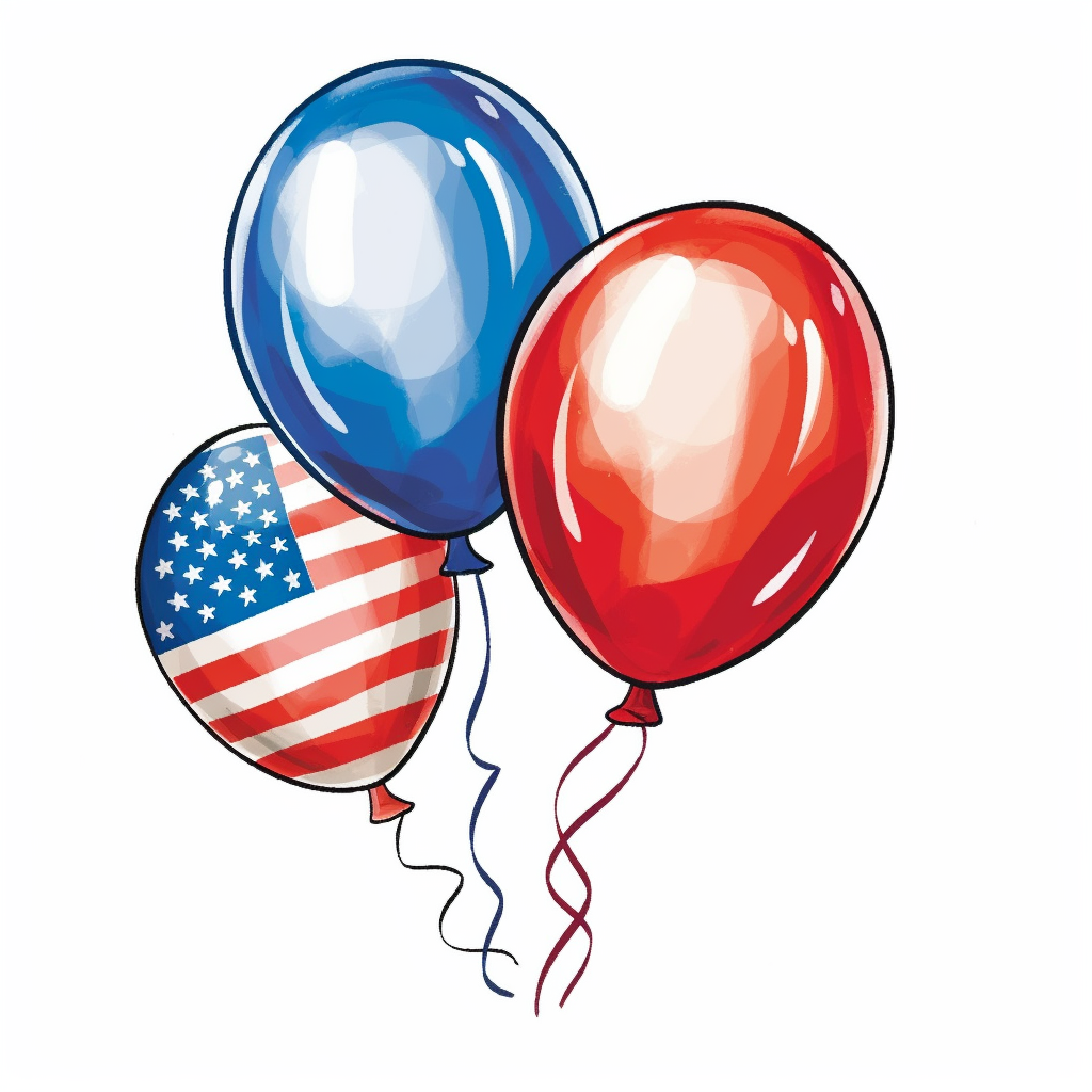 American patriotic flag balloons clipart illustration centred only three vibrant colors red white and blue add the flag on a white background no watermark no logo no writing