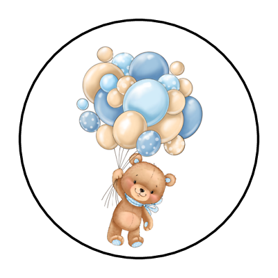 Teddy bear and balloons baby shower stickers envelope seals labels blue