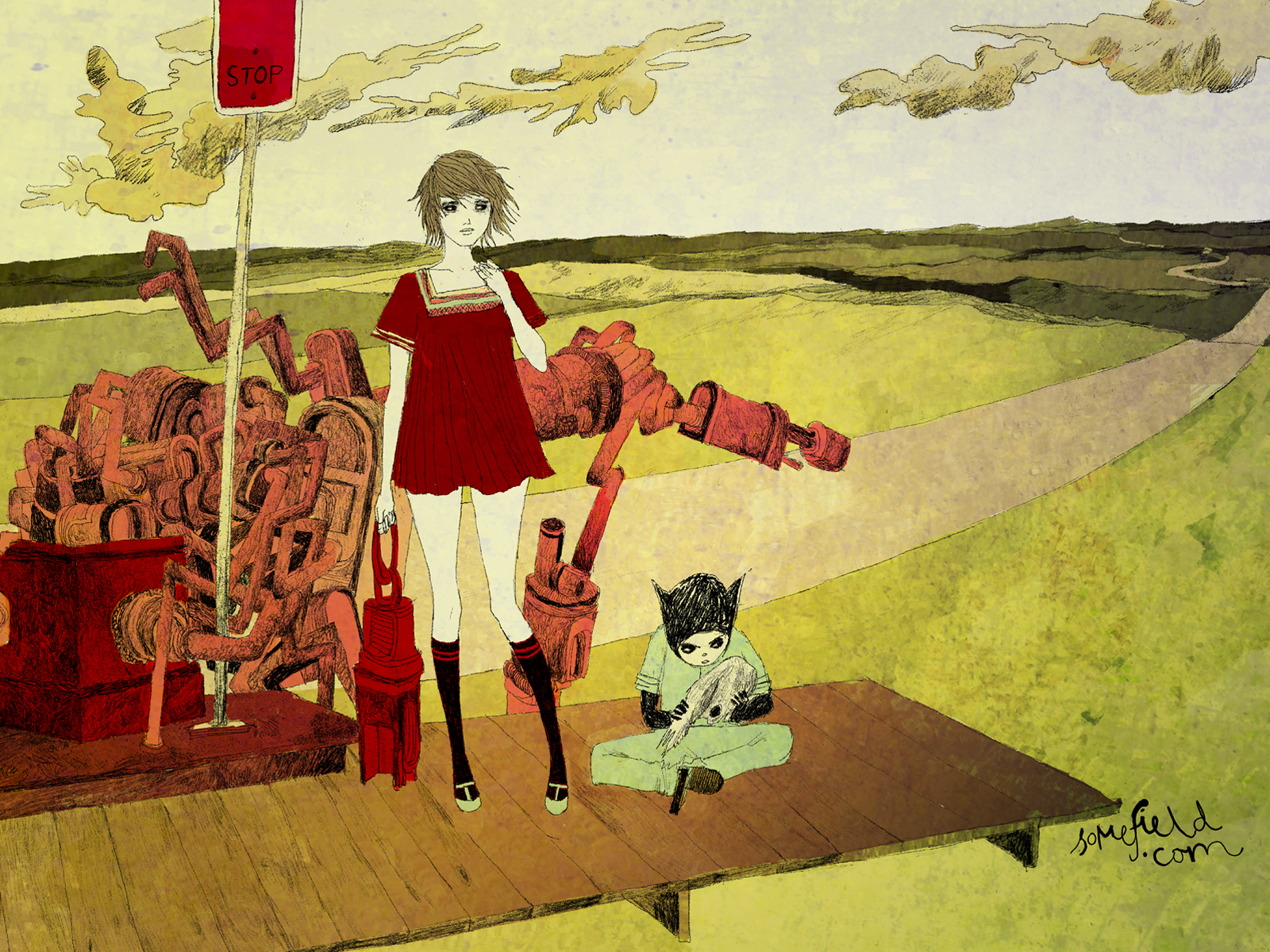 Roads red dress artwork machinery somefield barnaby ward wallpaper x