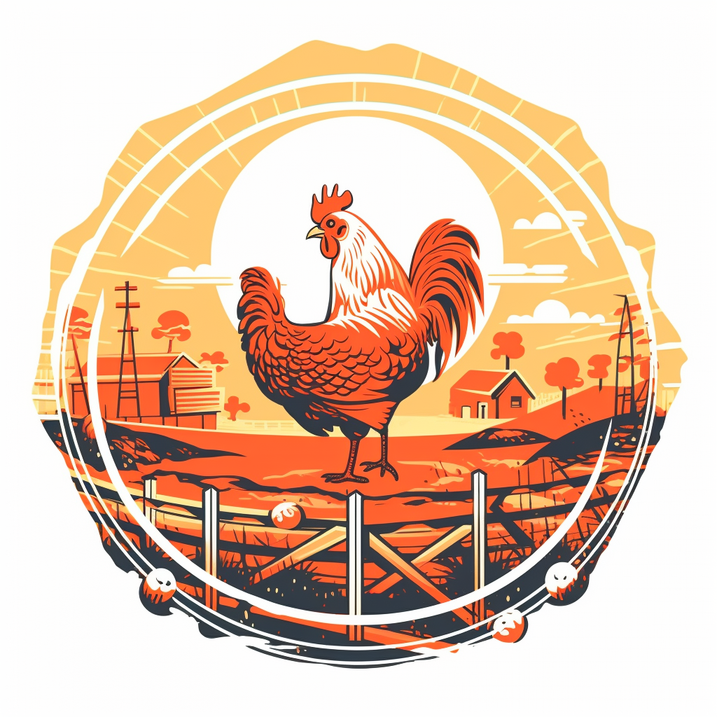 Vector style clipart of a retro chicken fencing from a barnyard circular on a white background