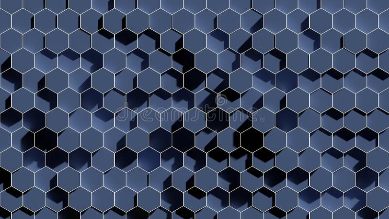 D illustration of abstract background wallpaper with hexagons protruding from the base to different heights blue main stock illustration