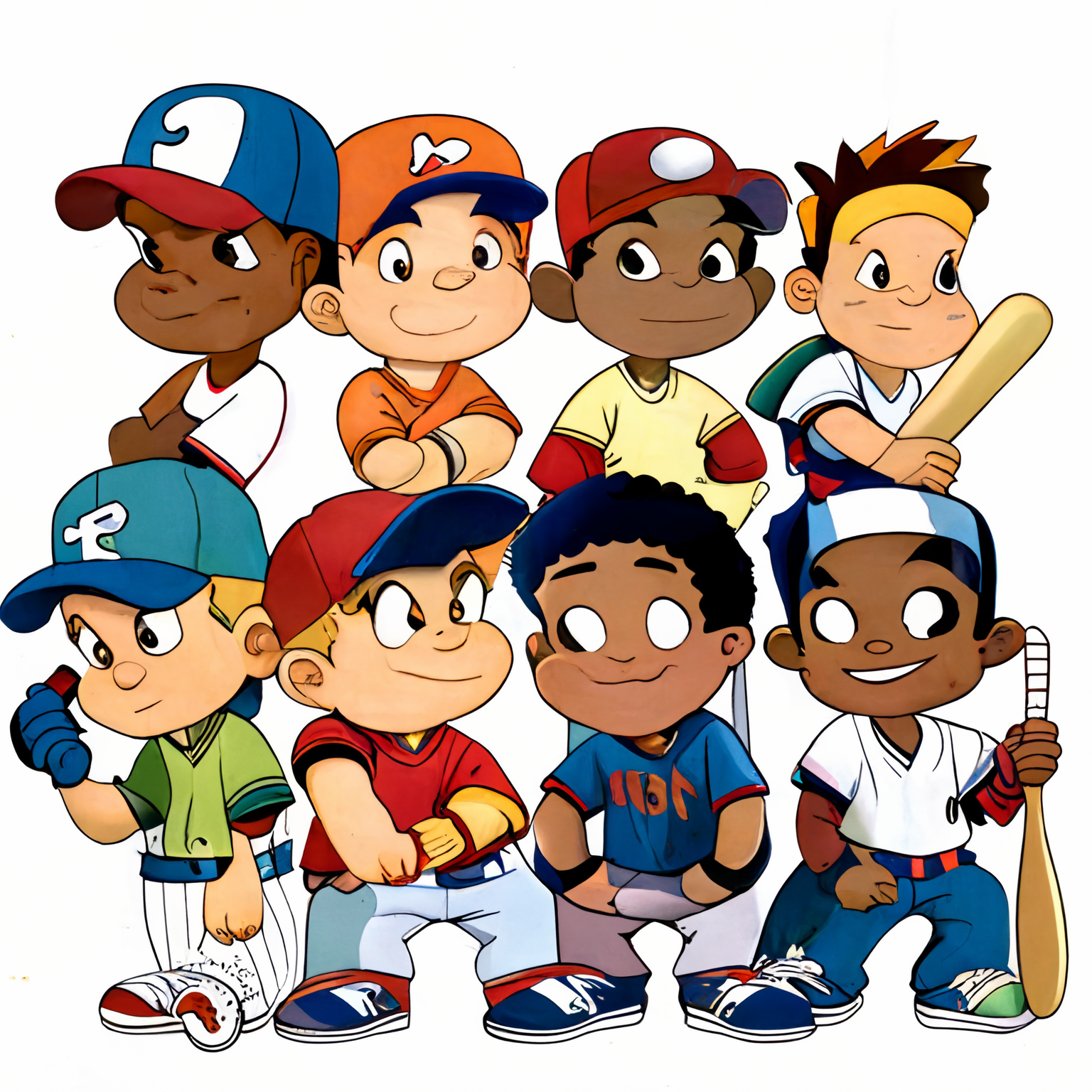 Create a picture of multiple cartoon baseball players showing off their skills the players should be