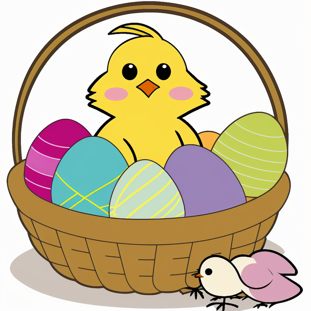 Cartoon style cute happy easter bunny chick basket easter eggs no description clipart