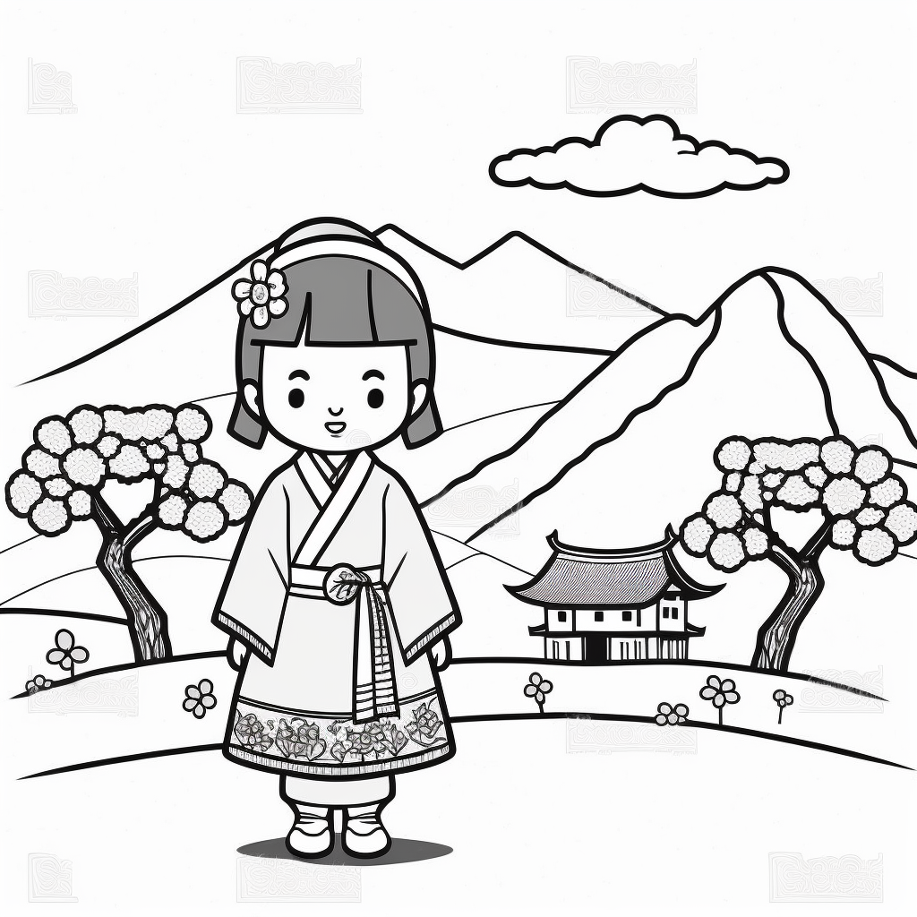 Landscape simple traditional costume local food animal educational history and cultural diversity clipart style cute picture