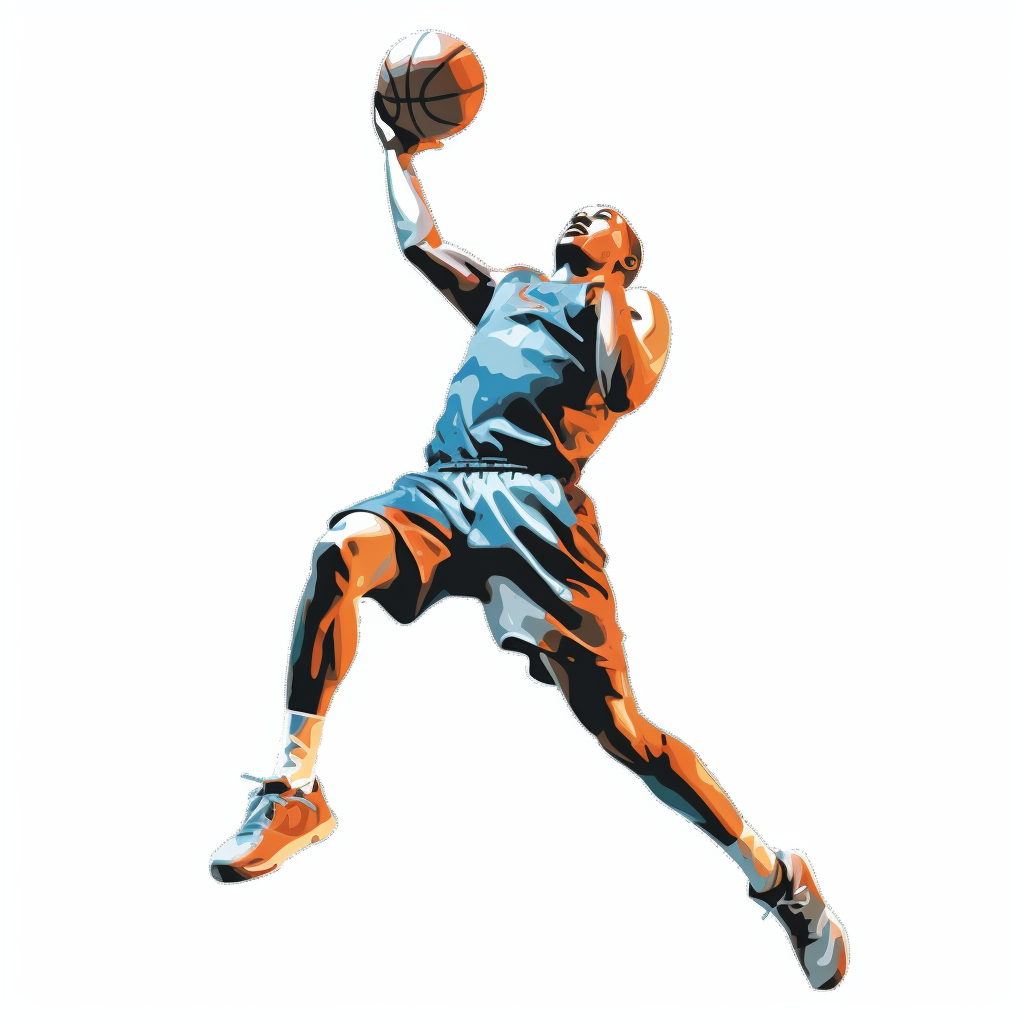 Clipart a basketball player in a jump scores a ball into the basket on a white background without shadows