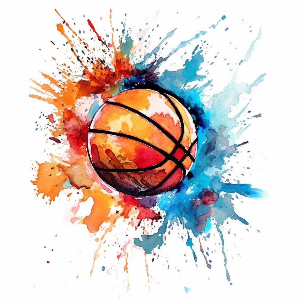 Basketball bouncing on a court clipart white background watercolor drawing