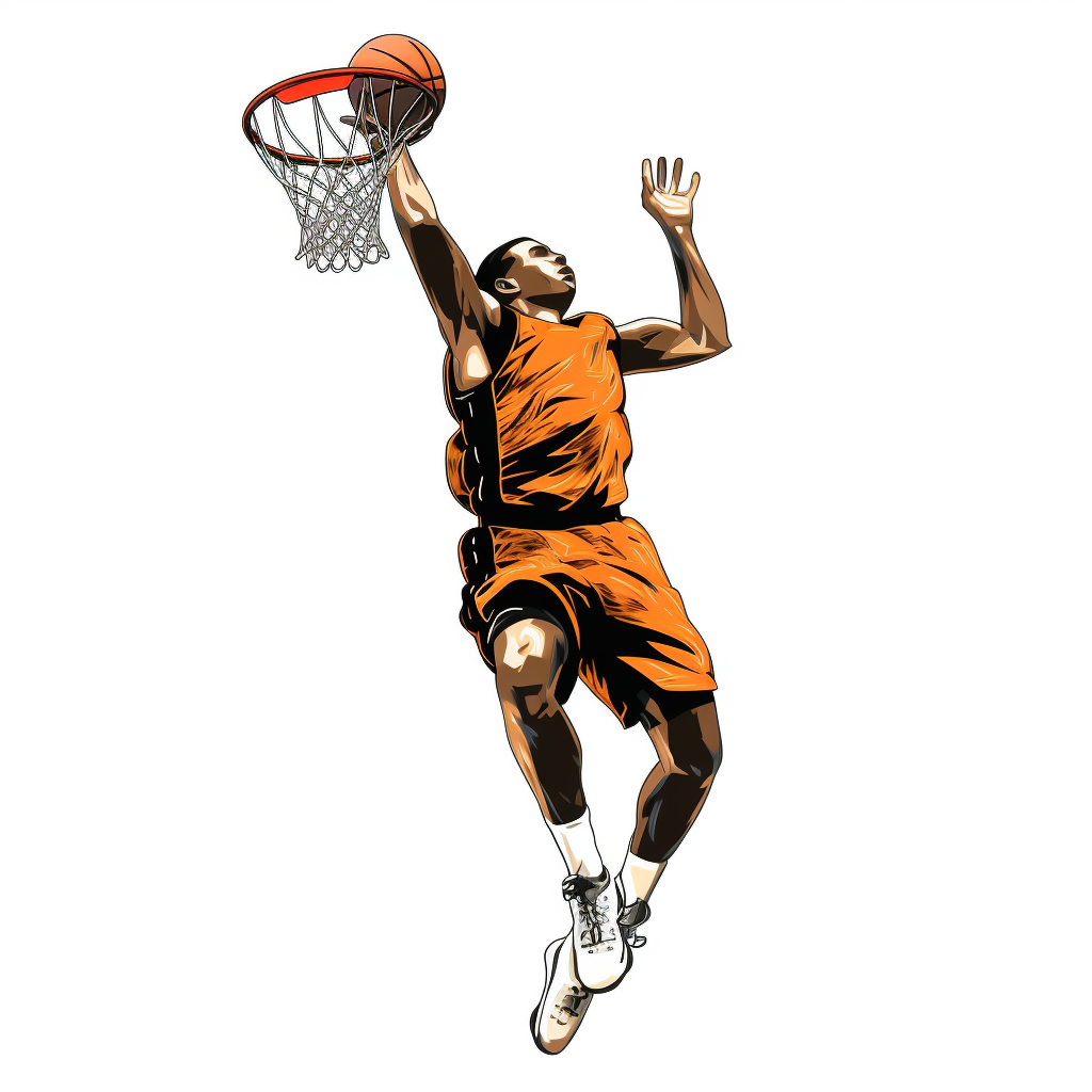 Clipart a basketball player in a jump scores a ball into the basket on a white background without shadows