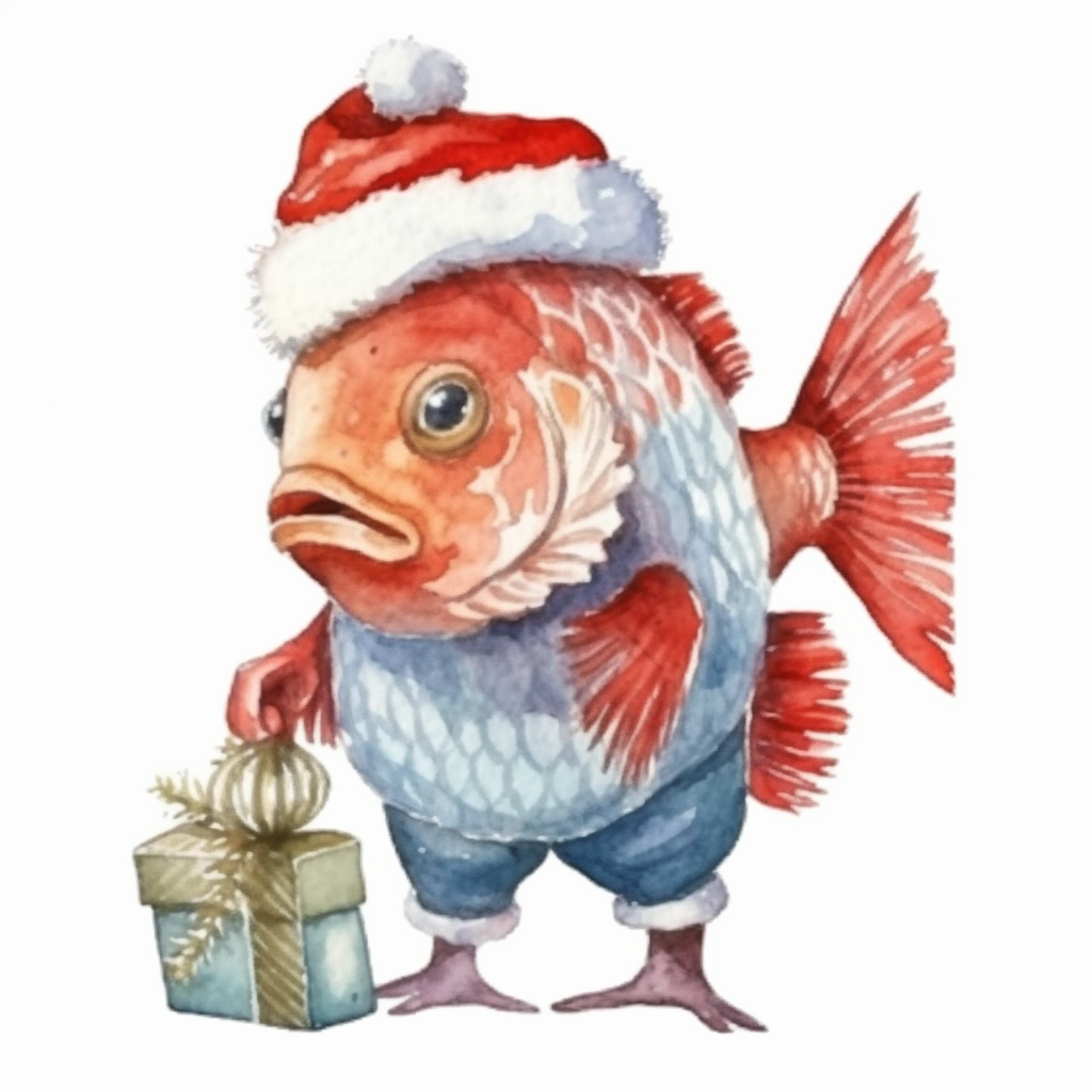 Watercolor cute christmas tropical fish with a red hat coat and sack of gifts png winter nursery cartoon highly detailed watercolor very high details white background clipart style