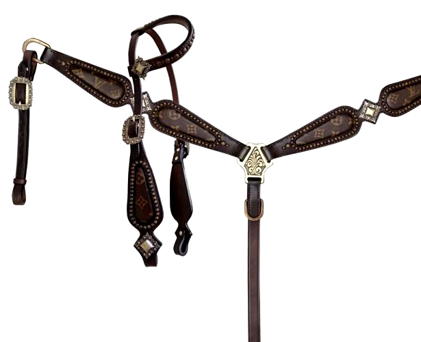 Western saddle horse louis vuitton brown leather tack set bridle breast collar