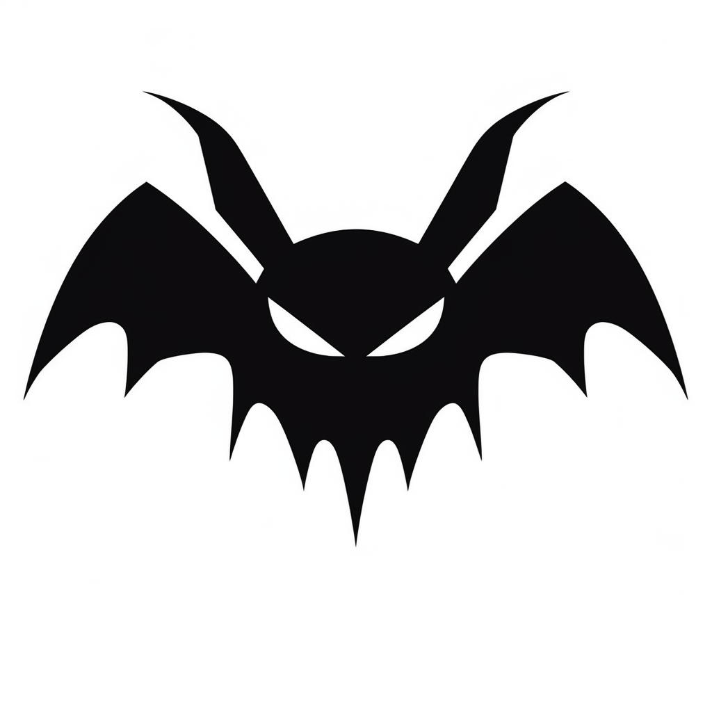Black and white silhouette of a upside down halloween bat clipart style white background thick lines vector simple design flat colour solid colour