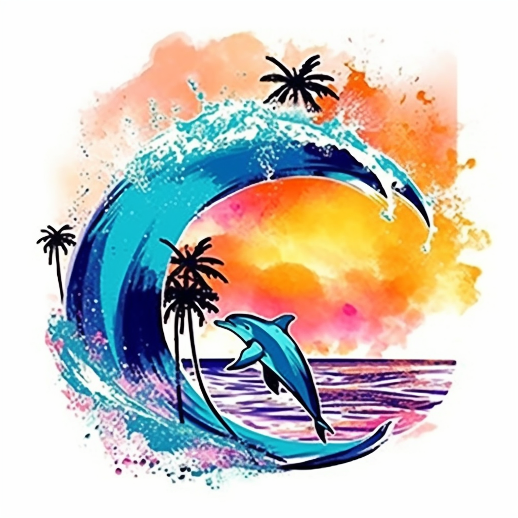 Miami beach watercolor paintslash art ocean man surfing big wave with dolphins retro sunset clipart colorful and white background