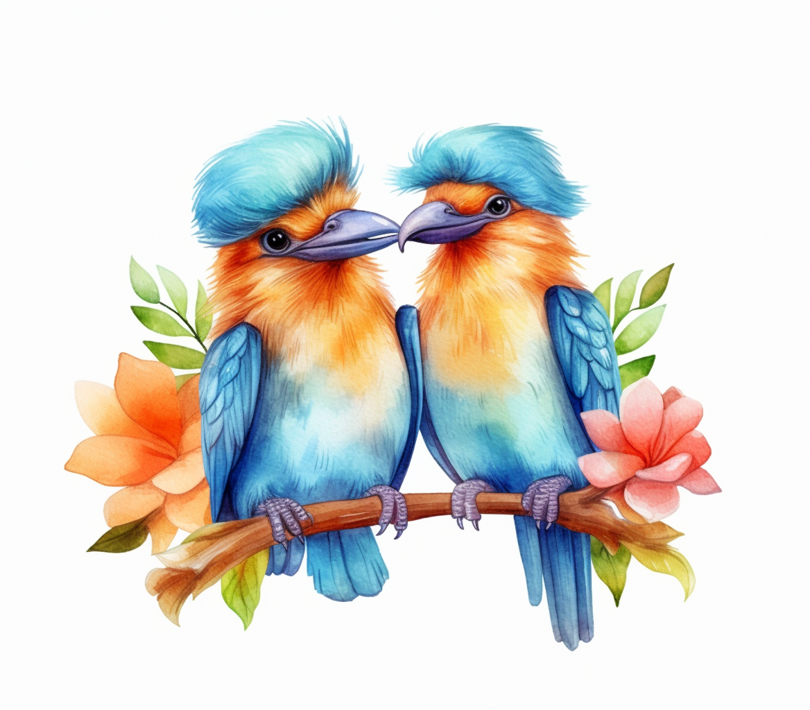 Cute beautiful couple bird beach watercolor sublimation clipartcartoon hyper realistic intricate detail illustration stylehigh solutionon the white background k resolution ultra high definition