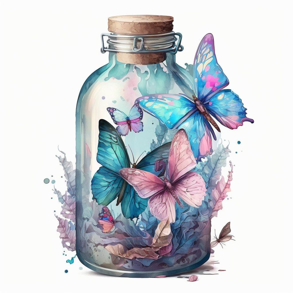 Watercolor clipart of beautiful pastel blue and pink color butterflies within a transparent big old and round bottle wrapped heras potion style