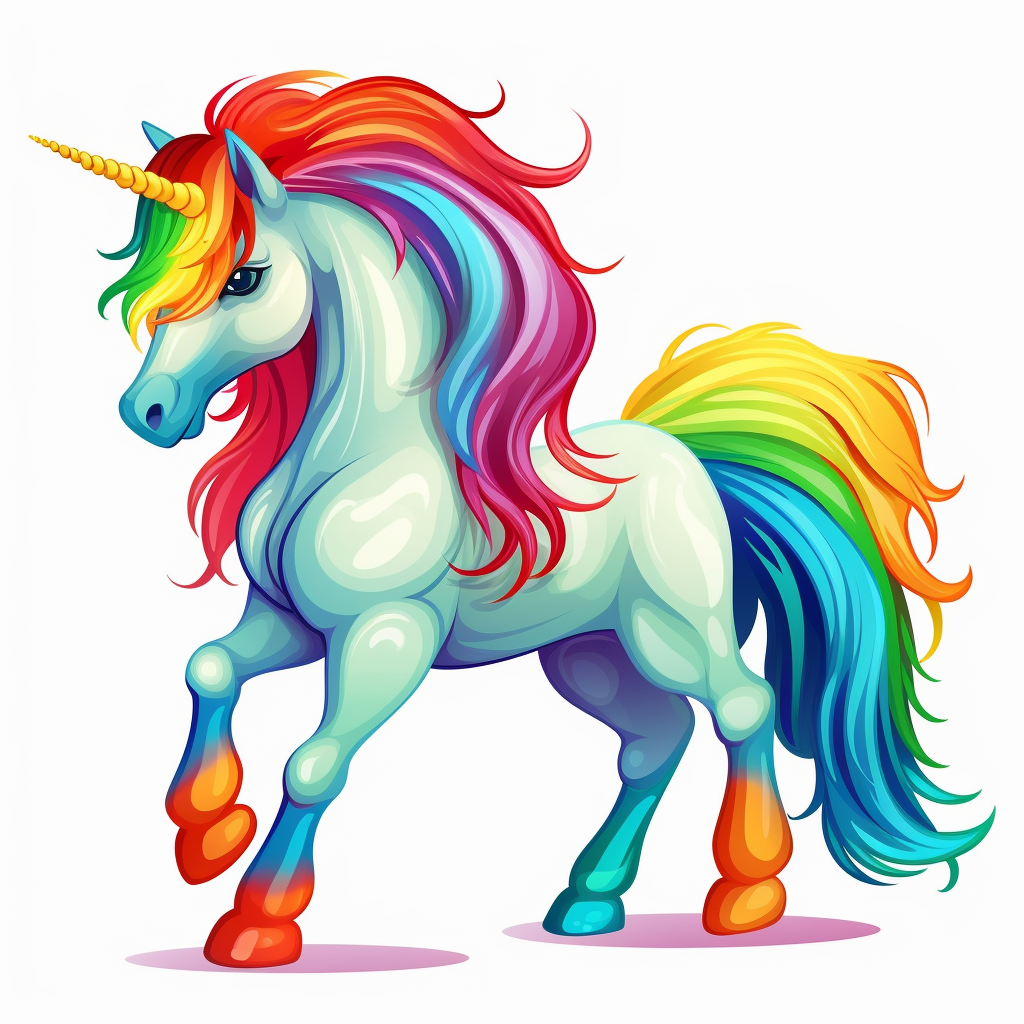 A cartoon beautiful horse rainbow color hair and tail dancing full body image clipart white background