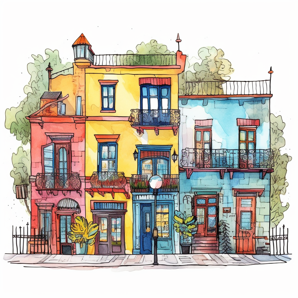 Very cute and whimsical street of buenos aires cute houses folkloristic la boca neighborhood beautiful watercolored illustration clipart white background