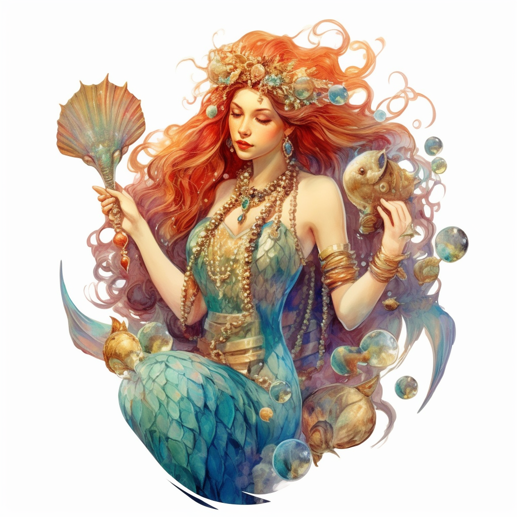 Beautiful rich russian style sea mermaid with long hair full body with fish tale sea stars