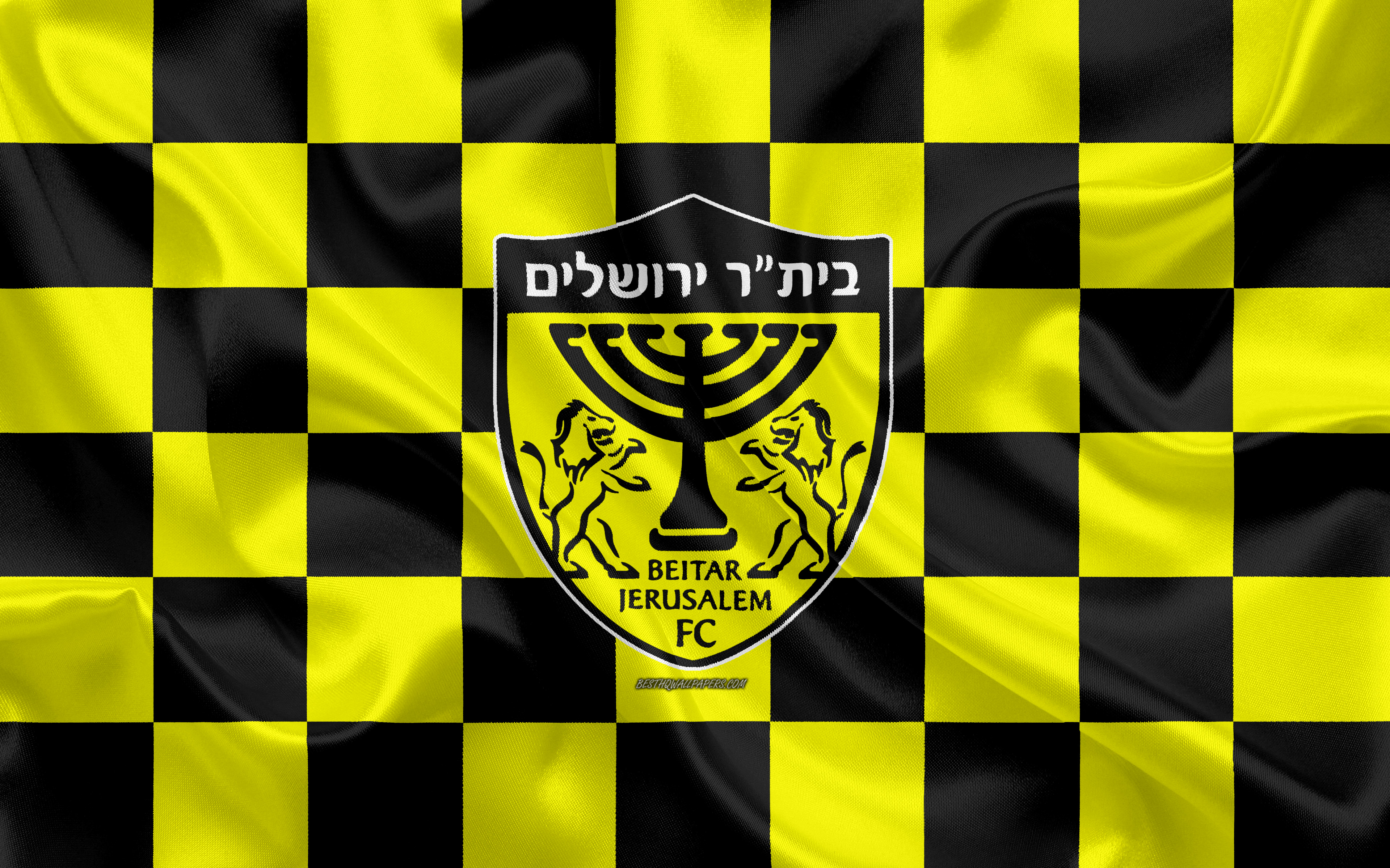 Download wallpapers beitar jerusalem fc k israeli premier league yellow and black checkered flag israeli football club silk flag football soccer beitar jerusalem logo israel for desktop with resolution x high quality