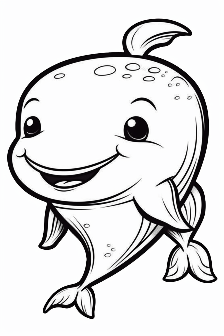 Cute chibi whale closeup clipart style of coloring book for children super simple thick clear lines black and white white background