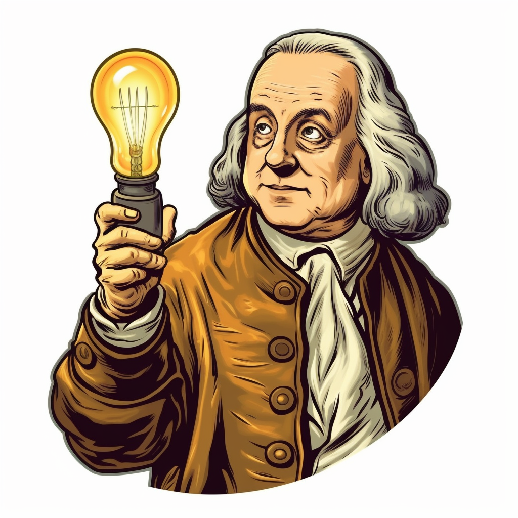 Draw in clipart style ben franklin demonstrating electricity with an edison style light bulb