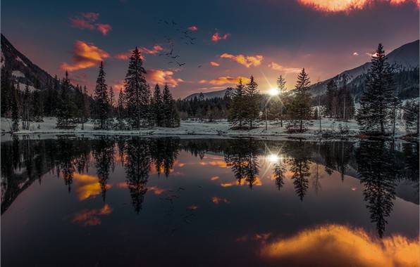 Wallpaper winter forest the sky sunset mountains birds lake reflection friedrich beren images for desktop section ððµðð