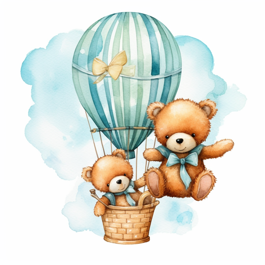 Baby boy twins watercolor teddy bear in hot air balloons cute png clipart