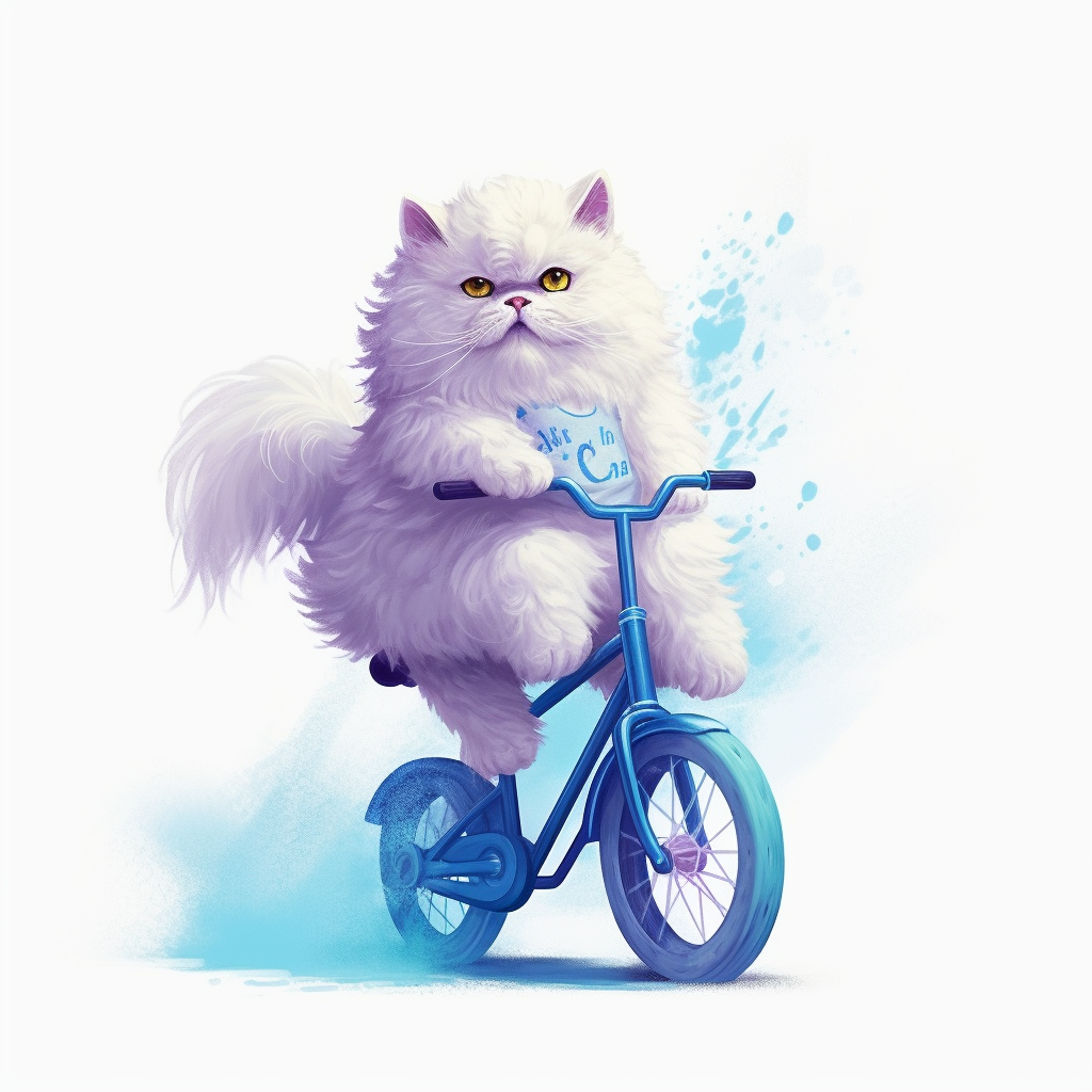 Create a clipart image of a white persian cat riding a blue bicycle with a streamer on the handlebars low detail white background soft lighting in the style of bob ross