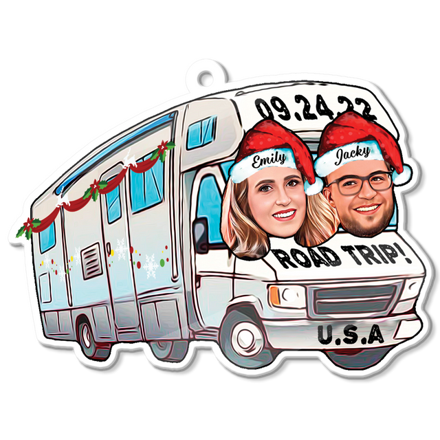 Custom face from photo gift for couple camping bus shape ornament