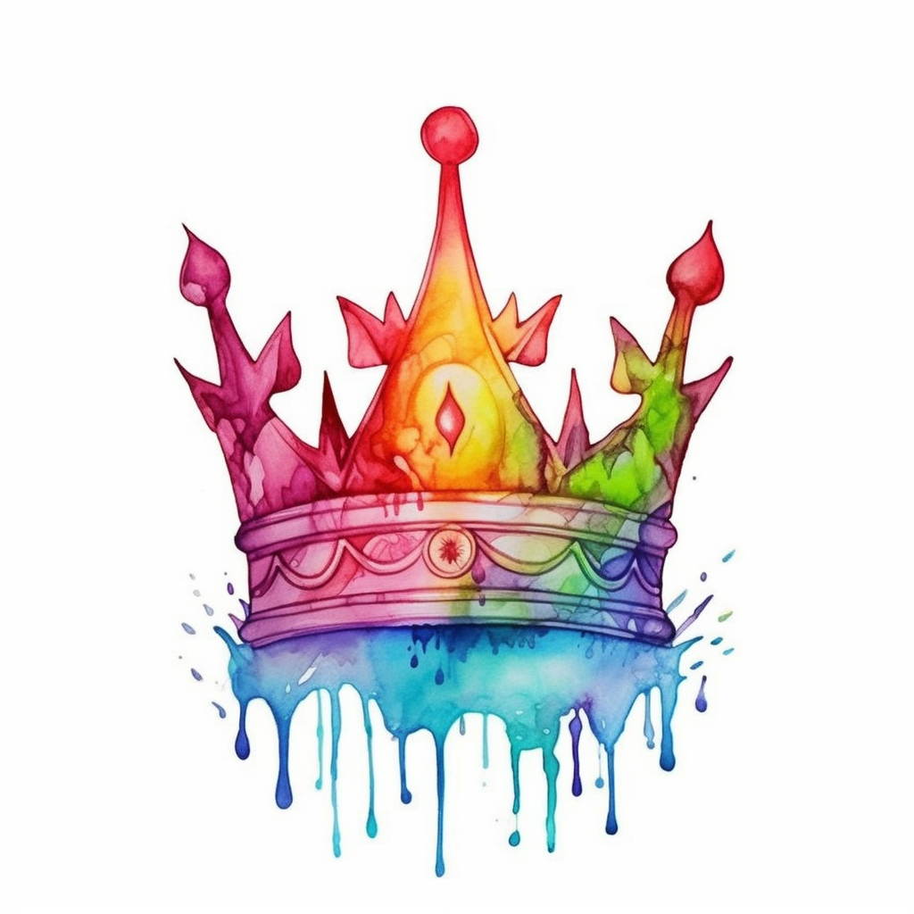 Pride rainbowcore watercolor tattoo design of a crown color art watercolor drip in transparent overlay in