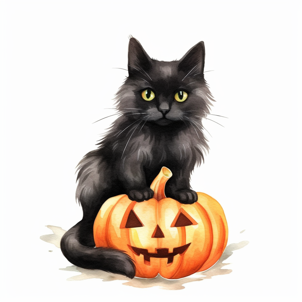 Watercolor clipart cute black cat on pumpking halloween white background