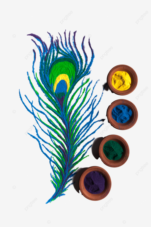 Colorful peacock feather rangoli with clay pots background bright background hand made png transparent image and clipart for free download