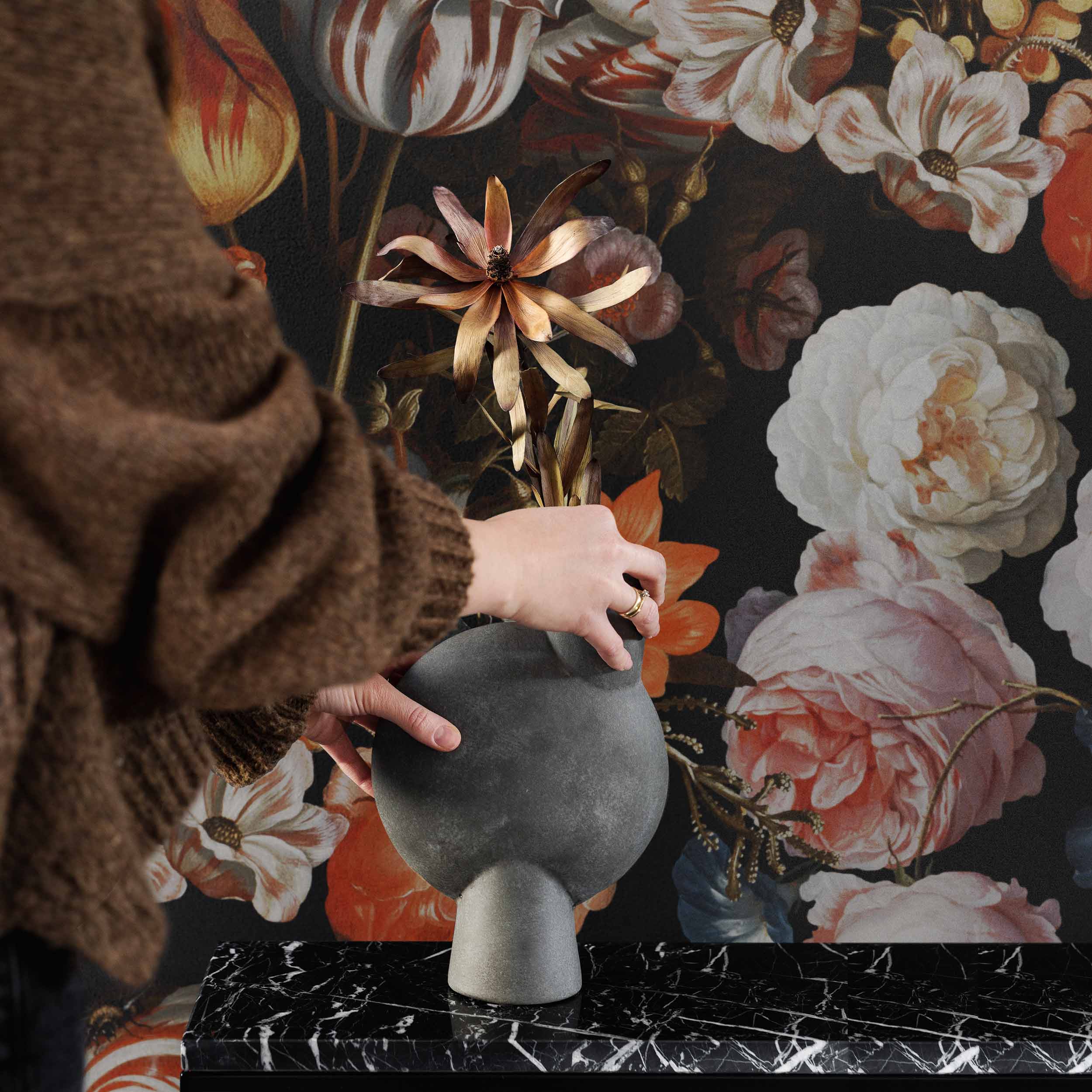 Black Floral Fabric, Wallpaper and Home Decor