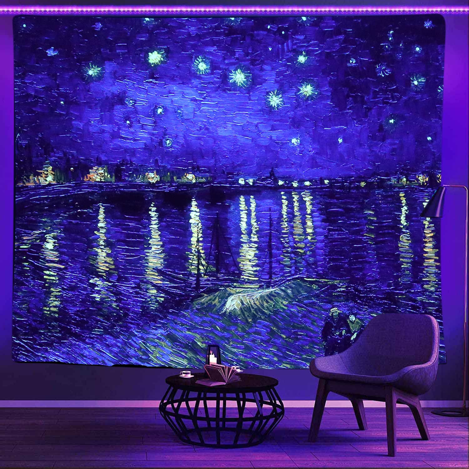 Sinsoledad blacklight tapestry uv reactive wall hanging starry night over the rhone by van gogh black light poster background for bedroom aesthetics home decor x inches home kitchen