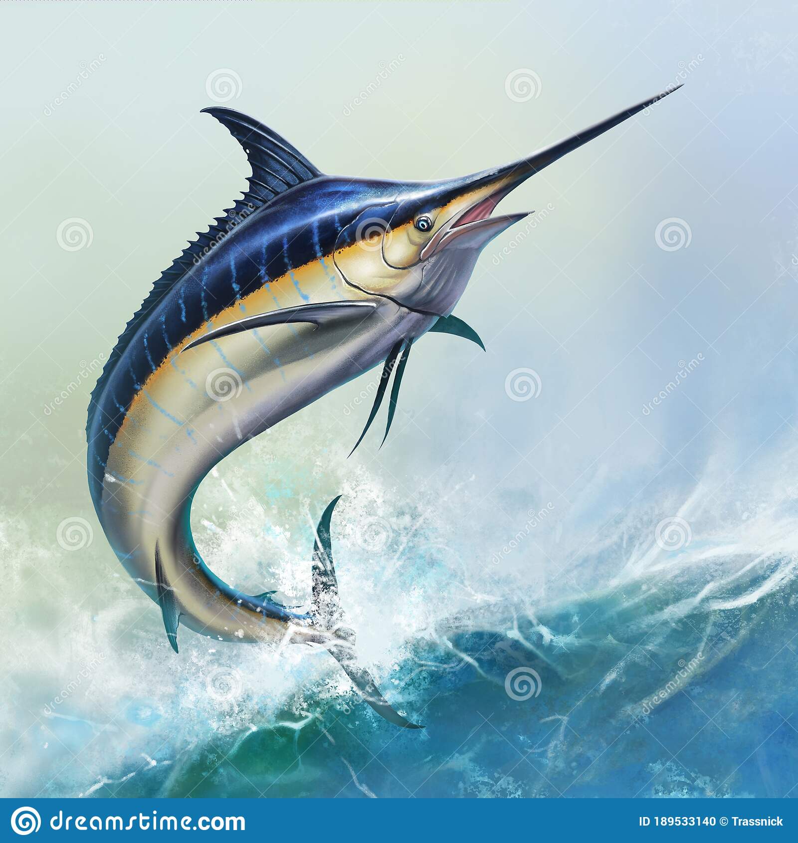 Big black marlin jumps sea waves background stock illustration