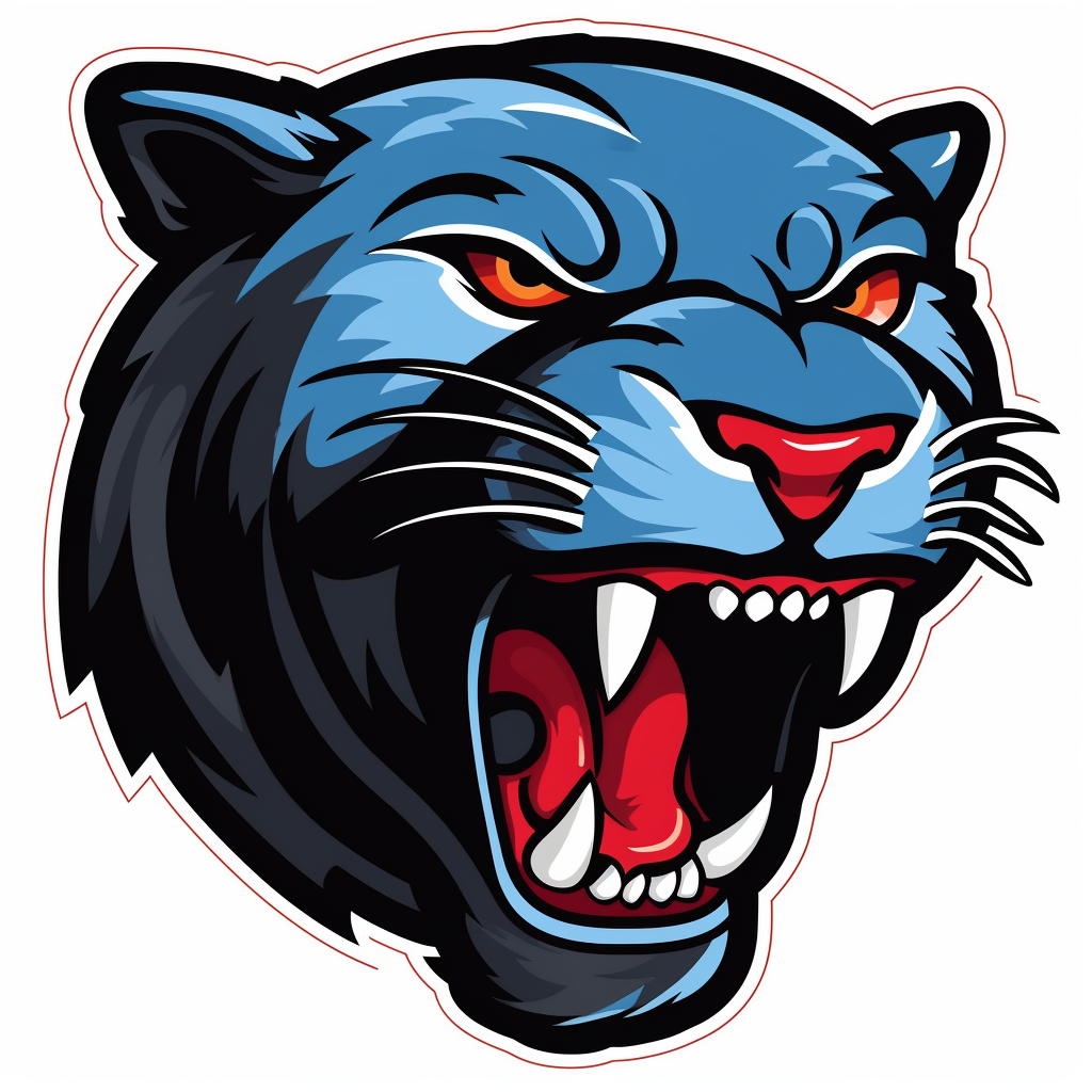 D flat sports team logo style clipart front of face panther black with teeth white background no highlights not a tiger red tongue white teeth blue fur