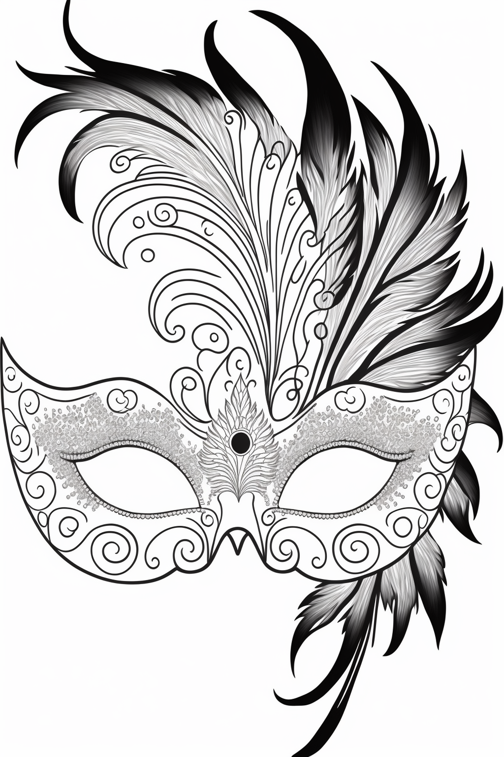 An outlined cute mardi gras mask with cute feathers and cute sequins coloring book for toddlers white background black and white clip art